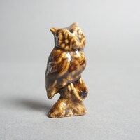 Brown Owl Figurine, Miniature Ceramic Owl Figurine, Small Perched Bird Brown Owl Ceramic Figurine, M