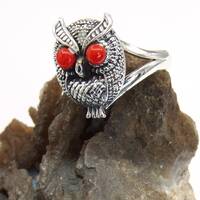 Hand Made in USA 925 Sterling Silver Owl Ring, Decorated with Red Coral Stones-Custom size