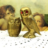 Brass Owl Pair Miid-century Kitsch Owl Figures- Brass Metal Vintage Owl Duo. c 1950s. Kitsch Cute B