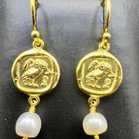 Ancient art athena owl goddess earrings handmade Sterling silver gold plated Pearls