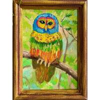 Owl Bird Painting Original Oil Canvas Art Framed Animal Miniature Wall Art, Gift for Friends