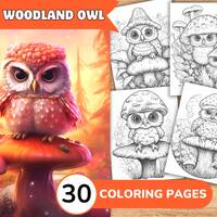 Owl Coloring Book, Owl Coloring Page, Mushroom Coloring, Animal Coloring Page, Cute Animal Grayscale