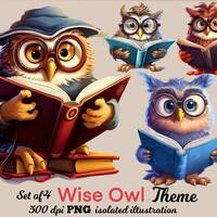 PNG Wise Owl Reading, Cartoon, vtuber asset,  transparent png set of 4 variations, free commercial u