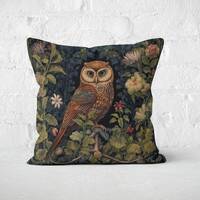 William Morris Owl Forest Decor Pillow, Cottagecore Owl Nature Lover Gift, Unique Woodland Theme, WM