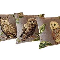 Set of 3 Different Owl BELGIAN JACQUARD WOVEN Hand Finished Fauve Fine Arts Tapestry Cushion Pillow 