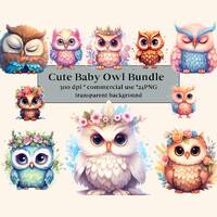 24 PNG Cute Baby Owls, Printable Digital Image Bundle, Crafting Bundle, Bird with flower Nursery pai