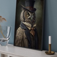 Mr Owl Wall Art: Quirky Altered Renaissance Portrait | Surreal wall art | Owl in top hat