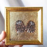 Owl portrait oil Painting original painting framed gold leaf 4x4 Owl painting original framed illust