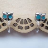 Tiny Silver Owl with Turquoise Eyes Invisible Clip On Earrings