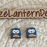 Owl Lover: Laser Cut Owl on a Branch Studs Hand Painted with Blue Acrylic
