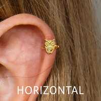 18G Wisdom Owl Cartilage Hoop Earring Horizontal • especially for side Helix or industrial &bul