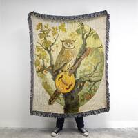 Vintage Owl Decor Tree Owl Playing Guitar Blanket Camping Blanket • Music Decor, Boho Bohemian 