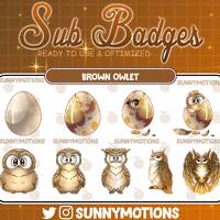 9 Brown Owl Twitch Loyalty Sub Bit Badges / Kawai Nocturnal birds Emoji / Cool Subscriber/ Emotes Di