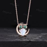 Opal and Emerald Owl Chain Necklace 14K Rose Gold Pear White Opal Charm Necklace Cute Owl Pendant Vi