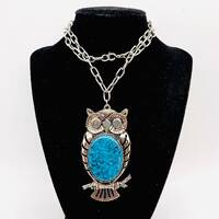 Large Faux Turquoise Owl Necklace Silver Tone 3 1/2 Inch Pendant Vintage Designer Jewelry