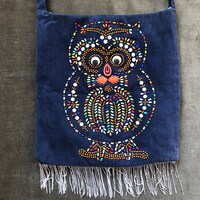 1960s 70s Lumured Caviar Plastic Candy Dot Owl Fringe Bag Shoulder Tote Boho Colorful Rainbow Studde