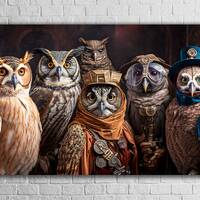 Steampunk Owl Wall Art, Tempered Glass Decor for Modern Home and Office, Superb Species Group Print,