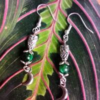 Owl and Moon Earrings with Green Jasper