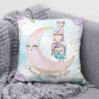 Little Owl Cushion, Baby Owl On Moon Pillow, Personalized Baby Girl Nursery Decor, Toddler Girls Roo