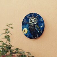 Starry Night Style Owl Wall Clock - Whimsical Acrylic Art for Unique Home Decor