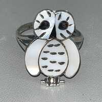 Zuni handmade cluster owl inlay mother of pearl onyx sterling silver ring size 8.5