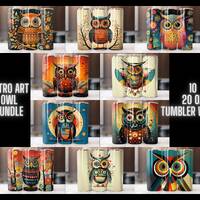 Retro Art Owl Bundle, Vintage 20 oz Skinny Tumbler Sublimation Design Digital Download PNG Instant D
