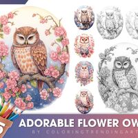 25 Adorable Flower Owls Grayscale Coloring Pages for Adults, Kids, Instant Download, Dark/Light Illu