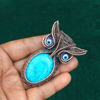 Owl Turquoise Copper Wire Wrap Pendant, Oxidized Copper Jewelry