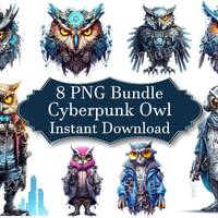 Cyberpunk Owl | 8 PNG Bundle | Clipart | Digital Download | Scrapbook | Crafting | High Quality | Di