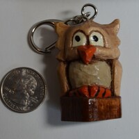 Cute Owl bird Keychain hand carved from basswood, fashion clip on, rustic owl key chain