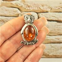 AMBER OWL BROOCH, 925 Sterling Silver Amber Pin, Handmade Jewelry, Gift For Her, Gift For Students