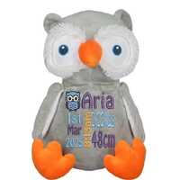 Personalized Embroidered Teddy Bear: Grey Owl Plush, Birth Announcement Gift