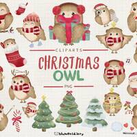 Festive Watercolor Owl Christmas Character Clip Art Set | 25 High-Quality PNGs | Cute, Kawaii, and V