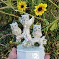 Vintage Porcelain Owls Music Box, Owls Figurine on a Branch Rotating Music Box, Plays " Feeling