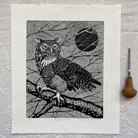 Solstice Moon in black, linocut print,owl art, moon linocut, wall art,bird art, owl  decor,nature lo