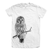 Owl Tshirt, Womens Junior Tshirt, Crew Neck, Cotton T-shirt, Bird Print, Cute Animal Print Tee, Grap
