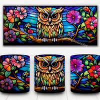 Stained Glass Owl Mug 13 PNG Wrap ,  Designs Bird Mug Background Instant Download PNG.
