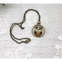 Vintage necklace Bubble pendant with owl brushed gold tone 18" length