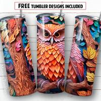 3D owl 20 oz skinny tumbler sublimation design Colorful animal digital PNG Straight wrap Waterslide 