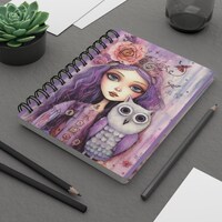 Owl And Girl Spiral Bound Journal 4, Pop Surrealism, Violet and Purple, Fantastical Creatures Notebo