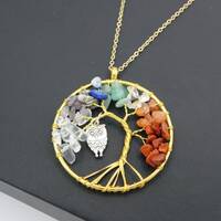 Handcrafted Tree of Life with Owl Gold Tone Wire Wrapped with Semi Precious Stones Necklace