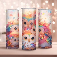 Kawaii Owls Kaleidoscopic Feathers 20oz Skinny Tumbler Wrap, Sublimation Design, Instant Download