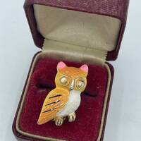 Vintage 1970s Small Orange Owl Pink Ears Pin Brooch