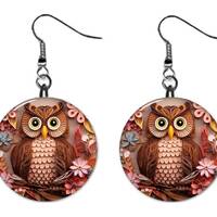 3D Looking Brown Owl Earrings Jewelry Metal Button Novelty Earrings 1 inch diameter MADE in USA