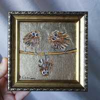 Owl portrait oil Painting original painting framed gold leaf 4x4 Owl painting original framed illust