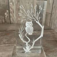 Vintage 3-D acrylic reverse carved owl in tree paperweight