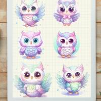 Kawaii Cute Owls Pastel Colors PNG's, Clip art Vector Graphic for digital use