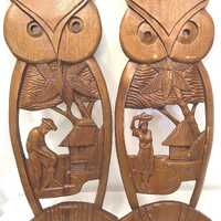 Pair of large carved wooden  vintage owls retro / oriental Asian inspired Wall art symbolic male and