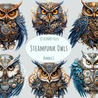 Steampunk clipart | 15 PNG | Watercolor owl clipart | Commercial use sublimation print mechanical bi