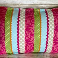 Owls Flowers and Stripes Two Sided Pillow in Bright Wonderful Colors 17" x 14" Throw Accen